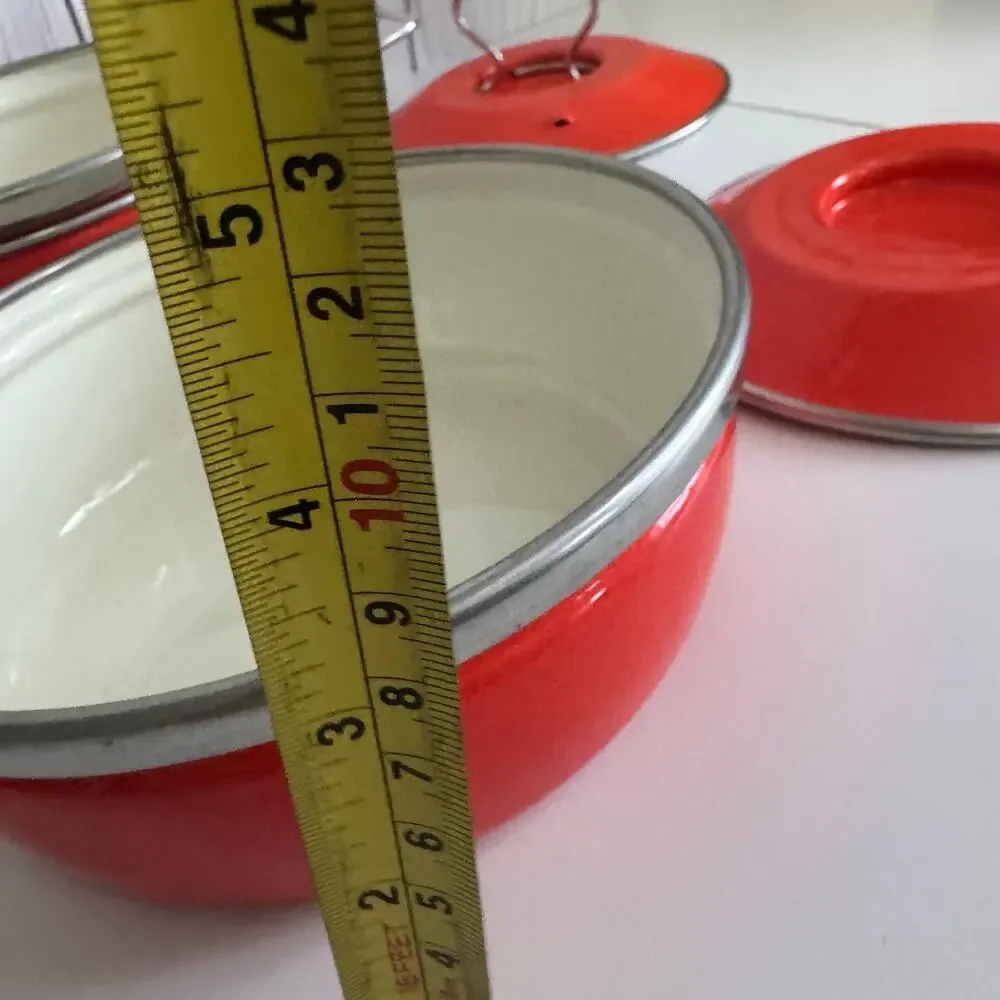 MCM Set of 2 Enamel Bright Red-Orange Lidded Cooking Pots Handle Lid